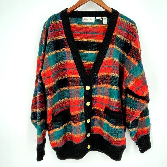 Vintage 90s Colter Bay Plaid Mohair Wool Cardigan Sweater Size M - Picture 1 of 8